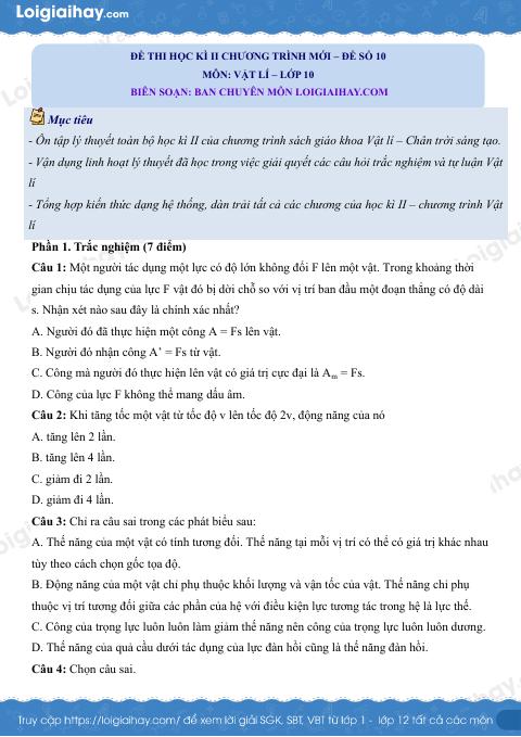 Đề thi học kì 2 Vật lí 10 Chân trời sáng tạo - Đề số 10